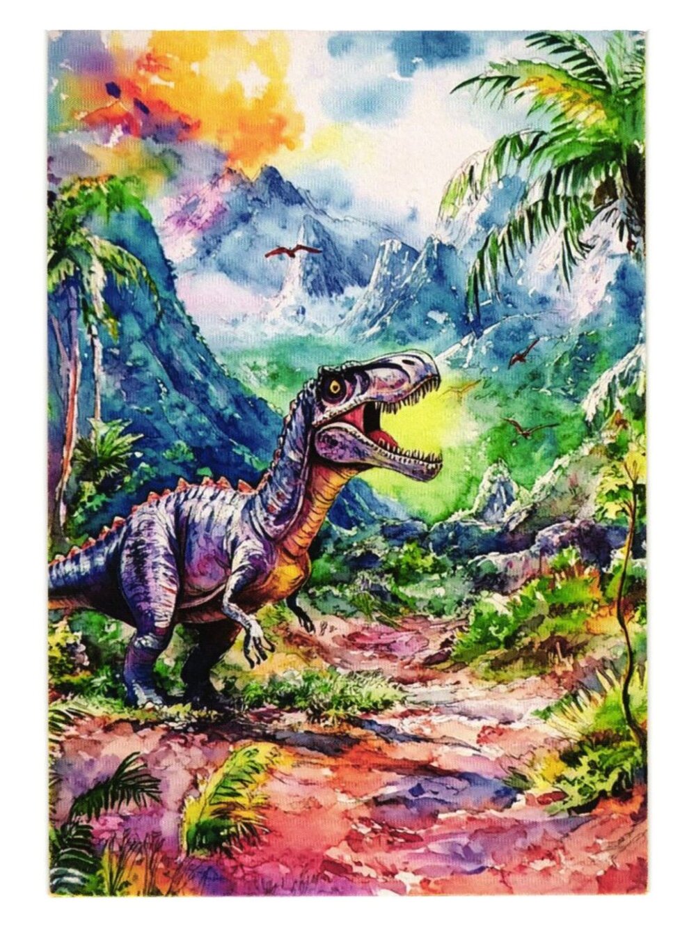 Dinosaur Watercolor Art Jungle Scene Tyrannosaurus Postcard Blank Frameable Gift